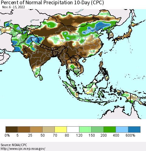 Asia Percent of Normal Precipitation 10-Day (CPC) Thematic Map For 11/6/2022 - 11/15/2022