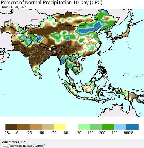 Asia Percent of Normal Precipitation 10-Day (CPC) Thematic Map For 11/11/2022 - 11/20/2022