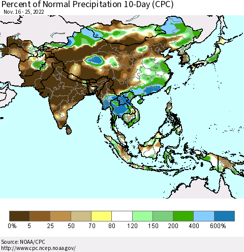 Asia Percent of Normal Precipitation 10-Day (CPC) Thematic Map For 11/16/2022 - 11/25/2022