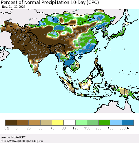 Asia Percent of Normal Precipitation 10-Day (CPC) Thematic Map For 11/21/2022 - 11/30/2022