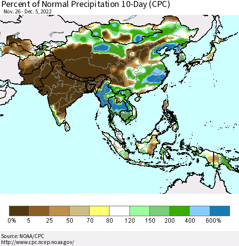 Asia Percent of Normal Precipitation 10-Day (CPC) Thematic Map For 11/26/2022 - 12/5/2022