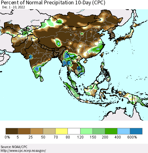 Asia Percent of Normal Precipitation 10-Day (CPC) Thematic Map For 12/1/2022 - 12/10/2022