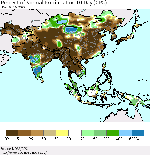 Asia Percent of Normal Precipitation 10-Day (CPC) Thematic Map For 12/6/2022 - 12/15/2022