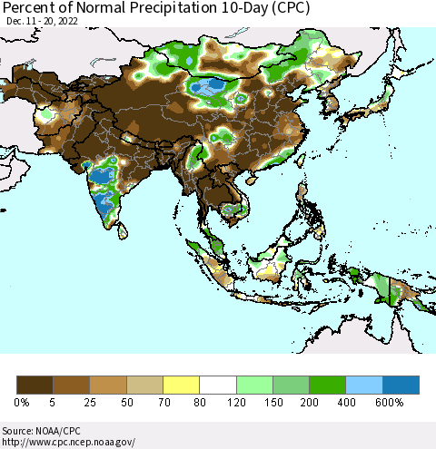 Asia Percent of Normal Precipitation 10-Day (CPC) Thematic Map For 12/11/2022 - 12/20/2022