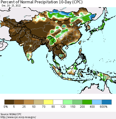 Asia Percent of Normal Precipitation 10-Day (CPC) Thematic Map For 12/16/2022 - 12/25/2022