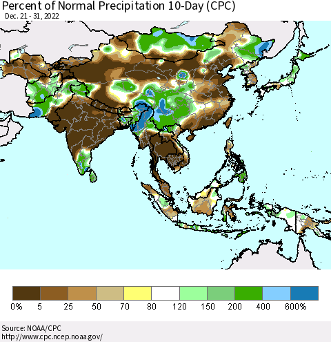 Asia Percent of Normal Precipitation 10-Day (CPC) Thematic Map For 12/21/2022 - 12/31/2022