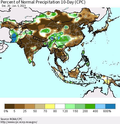 Asia Percent of Normal Precipitation 10-Day (CPC) Thematic Map For 12/26/2022 - 1/5/2023
