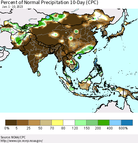 Asia Percent of Normal Precipitation 10-Day (CPC) Thematic Map For 1/1/2023 - 1/10/2023