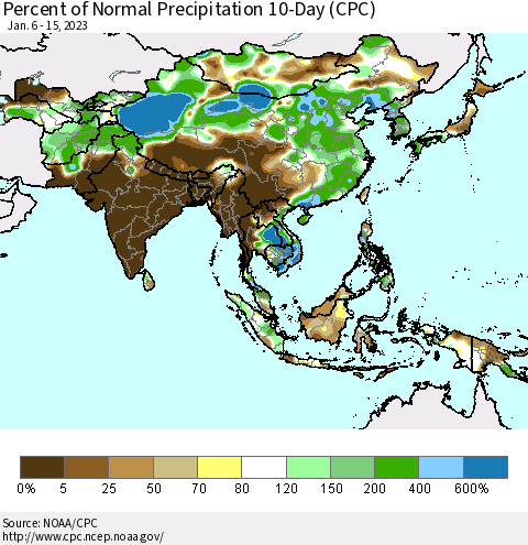 Asia Percent of Normal Precipitation 10-Day (CPC) Thematic Map For 1/6/2023 - 1/15/2023
