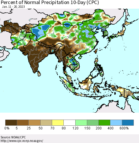 Asia Percent of Normal Precipitation 10-Day (CPC) Thematic Map For 1/11/2023 - 1/20/2023