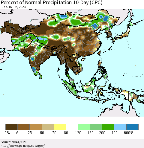 Asia Percent of Normal Precipitation 10-Day (CPC) Thematic Map For 1/16/2023 - 1/25/2023