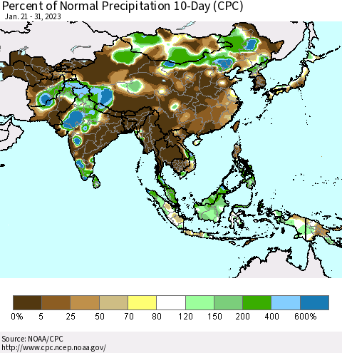 Asia Percent of Normal Precipitation 10-Day (CPC) Thematic Map For 1/21/2023 - 1/31/2023