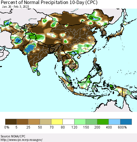 Asia Percent of Normal Precipitation 10-Day (CPC) Thematic Map For 1/26/2023 - 2/5/2023