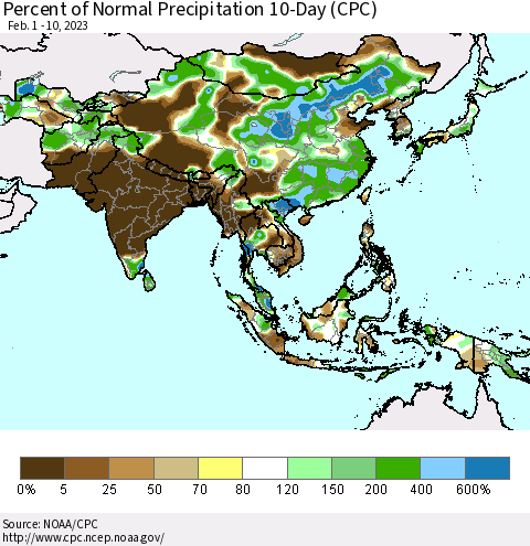 Asia Percent of Normal Precipitation 10-Day (CPC) Thematic Map For 2/1/2023 - 2/10/2023