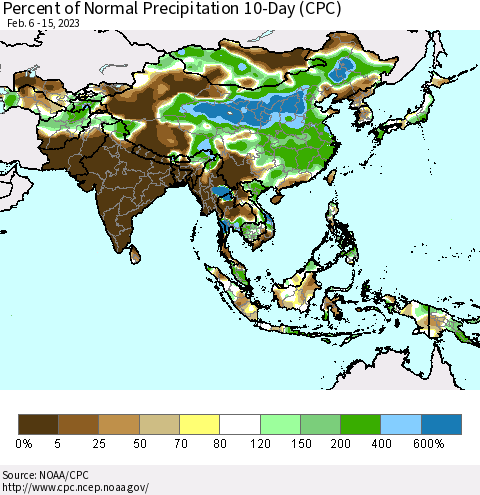 Asia Percent of Normal Precipitation 10-Day (CPC) Thematic Map For 2/6/2023 - 2/15/2023