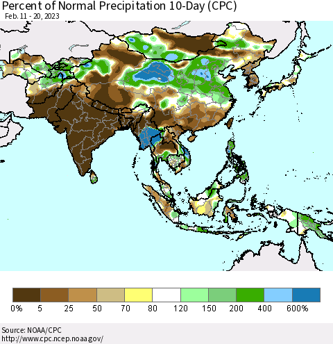 Asia Percent of Normal Precipitation 10-Day (CPC) Thematic Map For 2/11/2023 - 2/20/2023