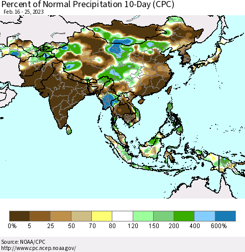 Asia Percent of Normal Precipitation 10-Day (CPC) Thematic Map For 2/16/2023 - 2/25/2023