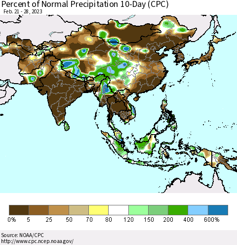 Asia Percent of Normal Precipitation 10-Day (CPC) Thematic Map For 2/21/2023 - 2/28/2023
