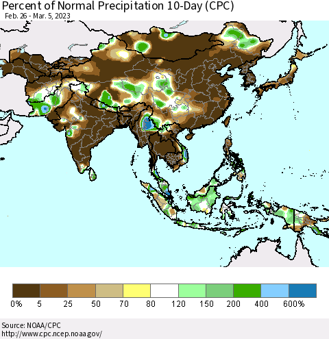 Asia Percent of Normal Precipitation 10-Day (CPC) Thematic Map For 2/26/2023 - 3/5/2023