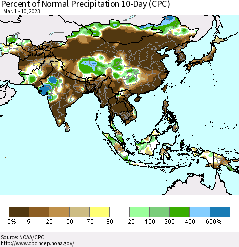Asia Percent of Normal Precipitation 10-Day (CPC) Thematic Map For 3/1/2023 - 3/10/2023