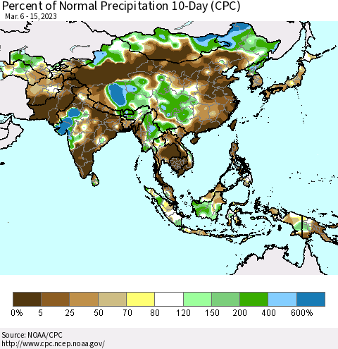 Asia Percent of Normal Precipitation 10-Day (CPC) Thematic Map For 3/6/2023 - 3/15/2023