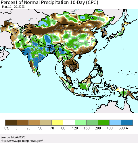 Asia Percent of Normal Precipitation 10-Day (CPC) Thematic Map For 3/11/2023 - 3/20/2023