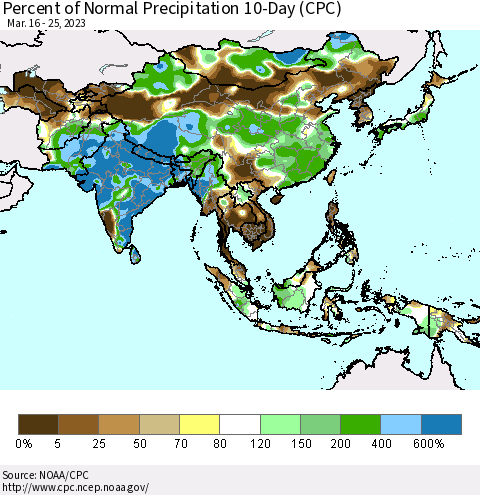 Asia Percent of Normal Precipitation 10-Day (CPC) Thematic Map For 3/16/2023 - 3/25/2023