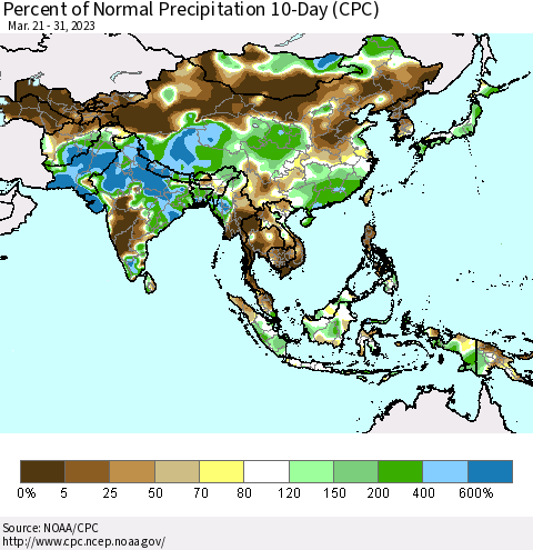 Asia Percent of Normal Precipitation 10-Day (CPC) Thematic Map For 3/21/2023 - 3/31/2023