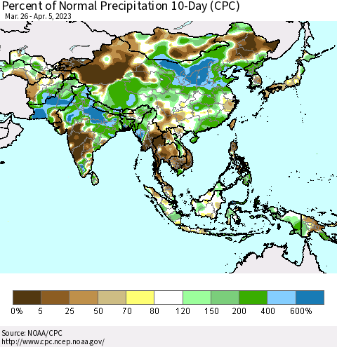 Asia Percent of Normal Precipitation 10-Day (CPC) Thematic Map For 3/26/2023 - 4/5/2023