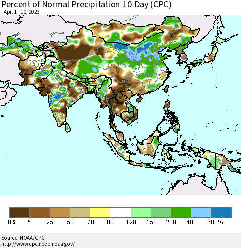 Asia Percent of Normal Precipitation 10-Day (CPC) Thematic Map For 4/1/2023 - 4/10/2023