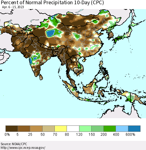 Asia Percent of Normal Precipitation 10-Day (CPC) Thematic Map For 4/6/2023 - 4/15/2023