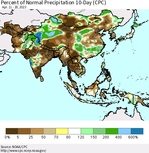Asia Percent of Normal Precipitation 10-Day (CPC) Thematic Map For 4/11/2023 - 4/20/2023