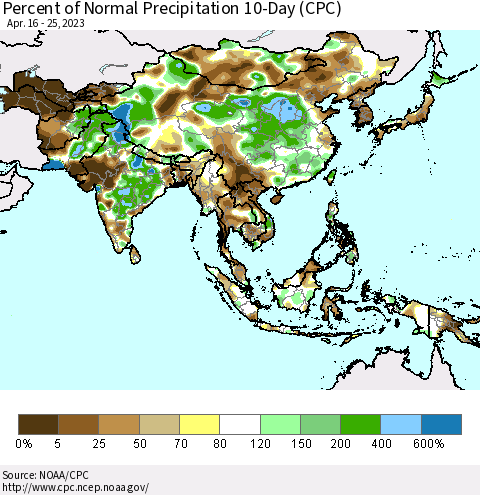 Asia Percent of Normal Precipitation 10-Day (CPC) Thematic Map For 4/16/2023 - 4/25/2023