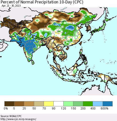 Asia Percent of Normal Precipitation 10-Day (CPC) Thematic Map For 4/21/2023 - 4/30/2023
