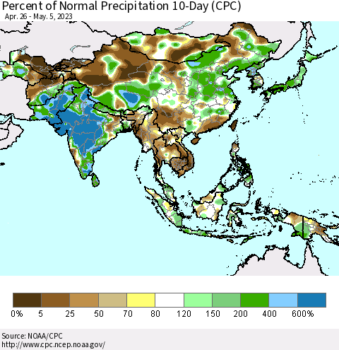 Asia Percent of Normal Precipitation 10-Day (CPC) Thematic Map For 4/26/2023 - 5/5/2023