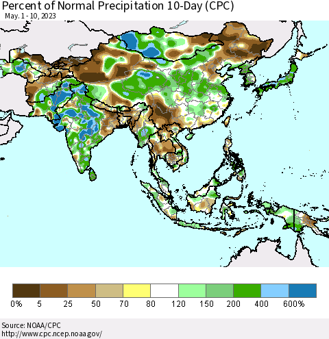 Asia Percent of Normal Precipitation 10-Day (CPC) Thematic Map For 5/1/2023 - 5/10/2023
