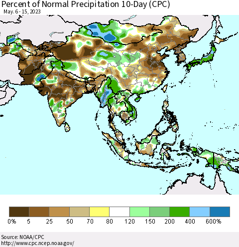 Asia Percent of Normal Precipitation 10-Day (CPC) Thematic Map For 5/6/2023 - 5/15/2023