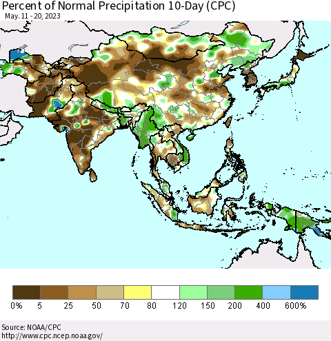 Asia Percent of Normal Precipitation 10-Day (CPC) Thematic Map For 5/11/2023 - 5/20/2023