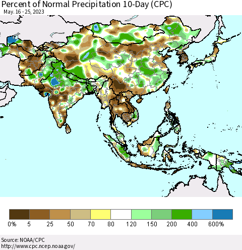 Asia Percent of Normal Precipitation 10-Day (CPC) Thematic Map For 5/16/2023 - 5/25/2023