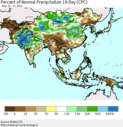 Asia Percent of Normal Precipitation 10-Day (CPC) Thematic Map For 5/21/2023 - 5/31/2023