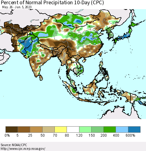 Asia Percent of Normal Precipitation 10-Day (CPC) Thematic Map For 5/26/2023 - 6/5/2023