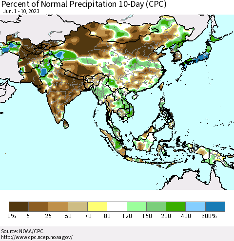 Asia Percent of Normal Precipitation 10-Day (CPC) Thematic Map For 6/1/2023 - 6/10/2023
