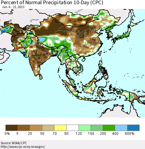 Asia Percent of Normal Precipitation 10-Day (CPC) Thematic Map For 6/6/2023 - 6/15/2023