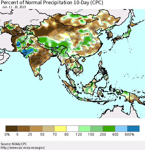 Asia Percent of Normal Precipitation 10-Day (CPC) Thematic Map For 6/11/2023 - 6/20/2023
