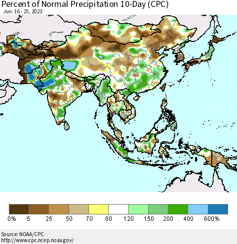 Asia Percent of Normal Precipitation 10-Day (CPC) Thematic Map For 6/16/2023 - 6/25/2023