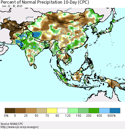 Asia Percent of Normal Precipitation 10-Day (CPC) Thematic Map For 6/21/2023 - 6/30/2023