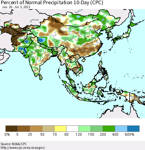 Asia Percent of Normal Precipitation 10-Day (CPC) Thematic Map For 6/26/2023 - 7/5/2023