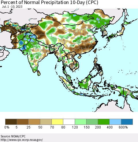 Asia Percent of Normal Precipitation 10-Day (CPC) Thematic Map For 7/1/2023 - 7/10/2023