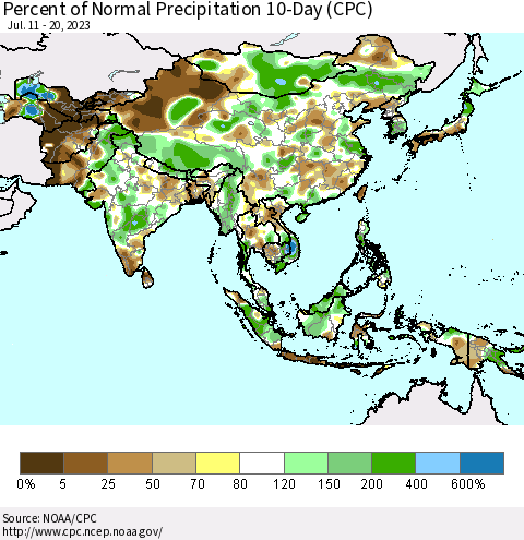 Asia Percent of Normal Precipitation 10-Day (CPC) Thematic Map For 7/11/2023 - 7/20/2023