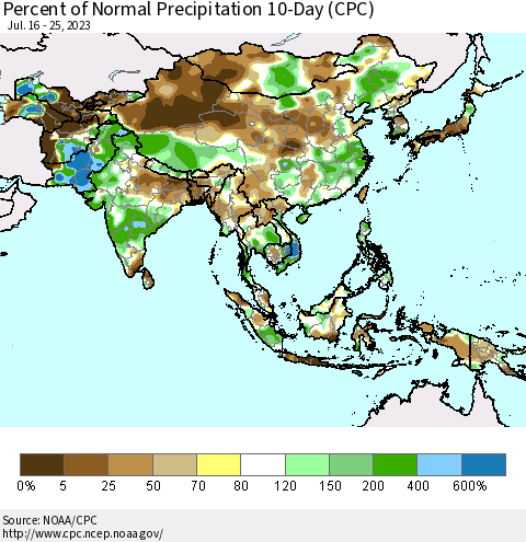 Asia Percent of Normal Precipitation 10-Day (CPC) Thematic Map For 7/16/2023 - 7/25/2023